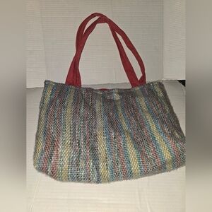 Colorful Striped Tote Bag with Red Handles